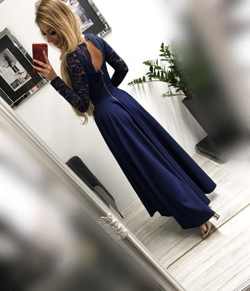 Navy Blue Chiffon and Lace High Low Wedding Party Dress, Long Sleeves Formal Dress